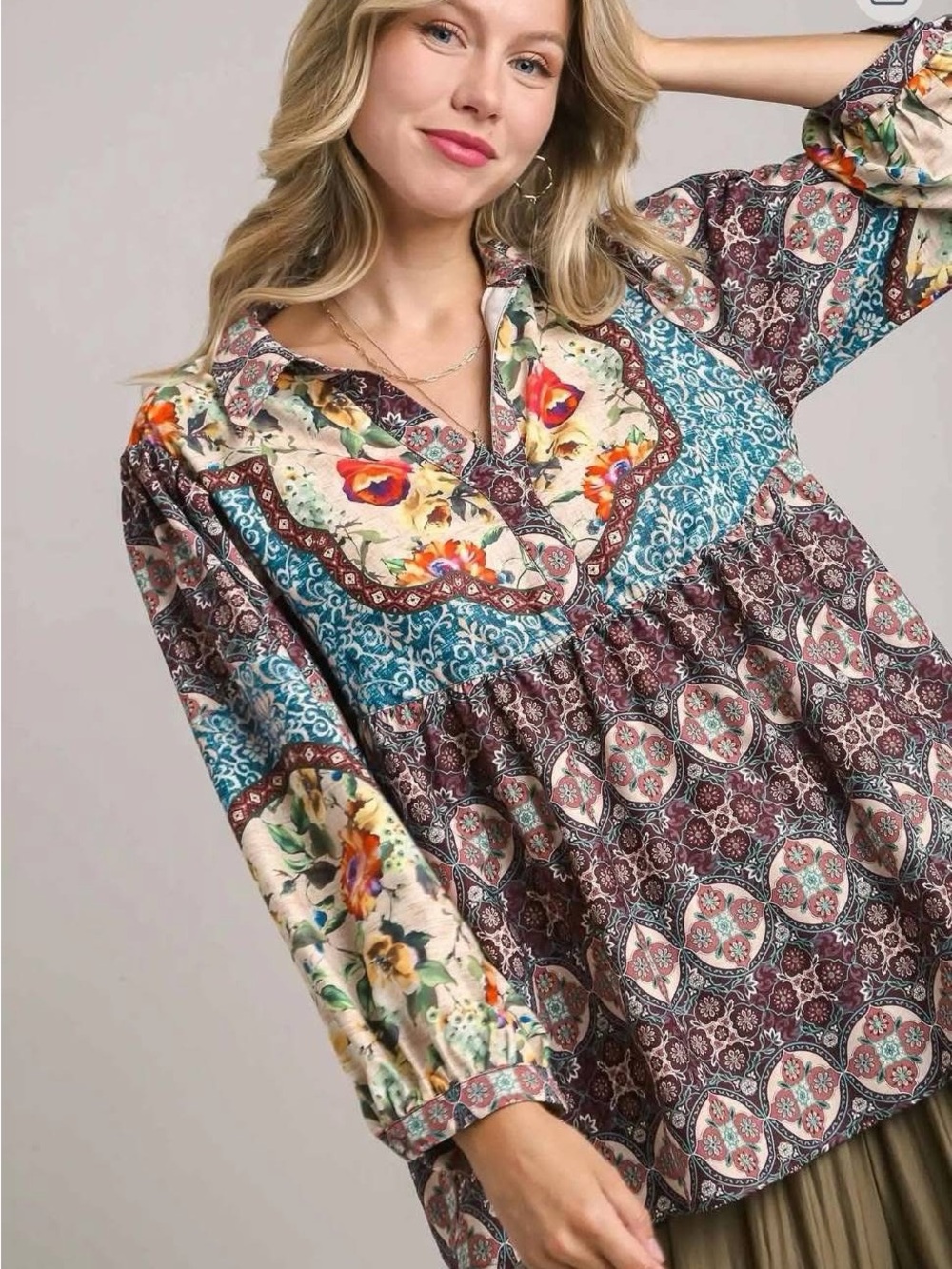 EUC Umgee Bohemian Patchwork Floral Peasant Top Tunic Blouse- Size S